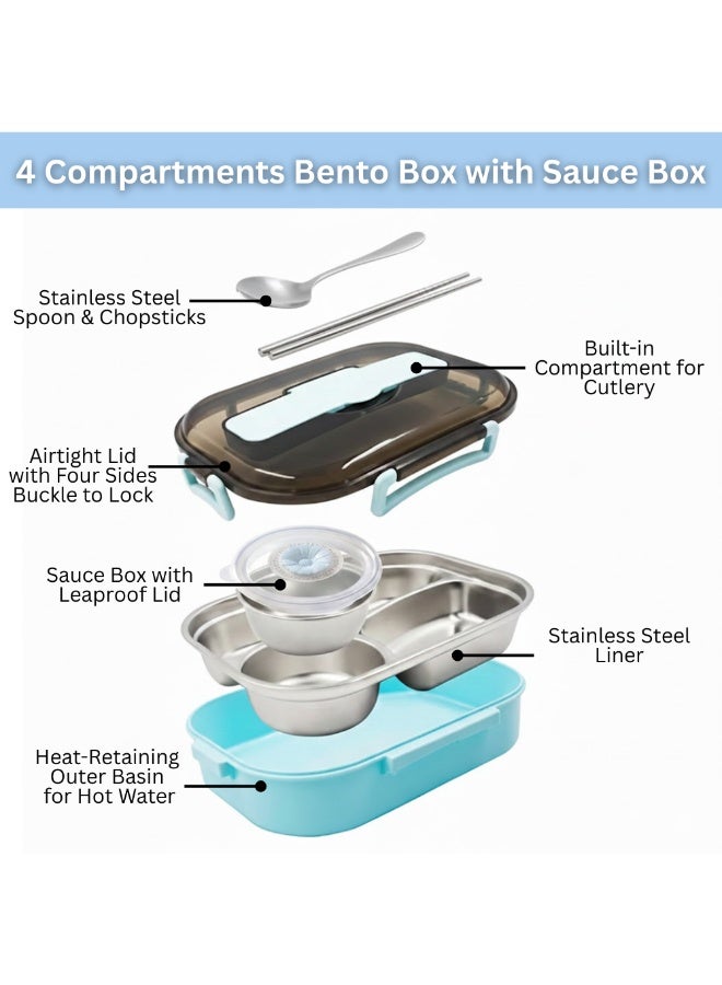 MIZAJIC Stainless Steel Bento Lunch Box for Kids and Adults Leakproof 4 Compartment Food Container 1300ml Ideal Portion Size with Sauce Box, Spoon and Chopsticks, Dishwasher Safe (Blue with Sauce Box) - Image 2